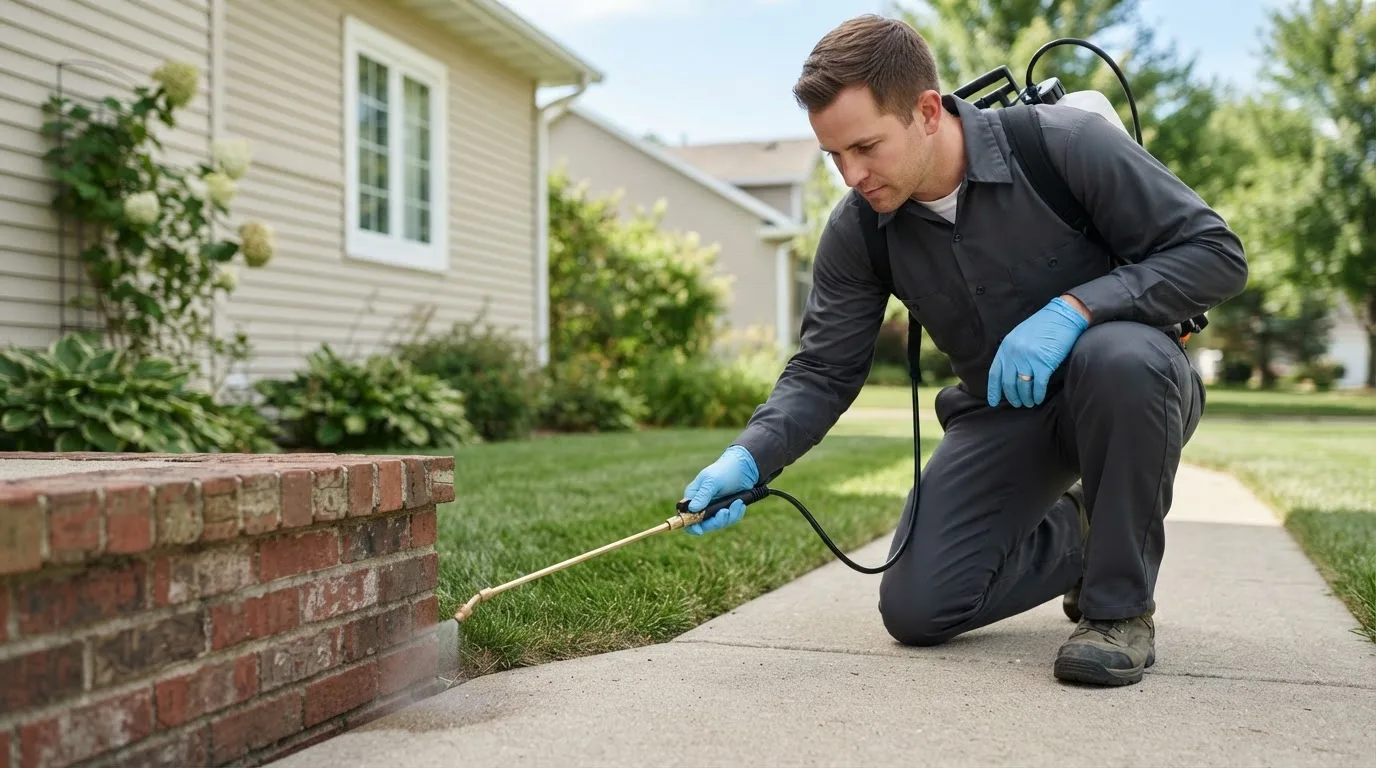 Pest control technician treating a home near Centerville, IN