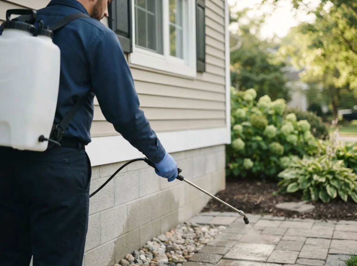 Pest control technician inspecting a home in Centerville, IN